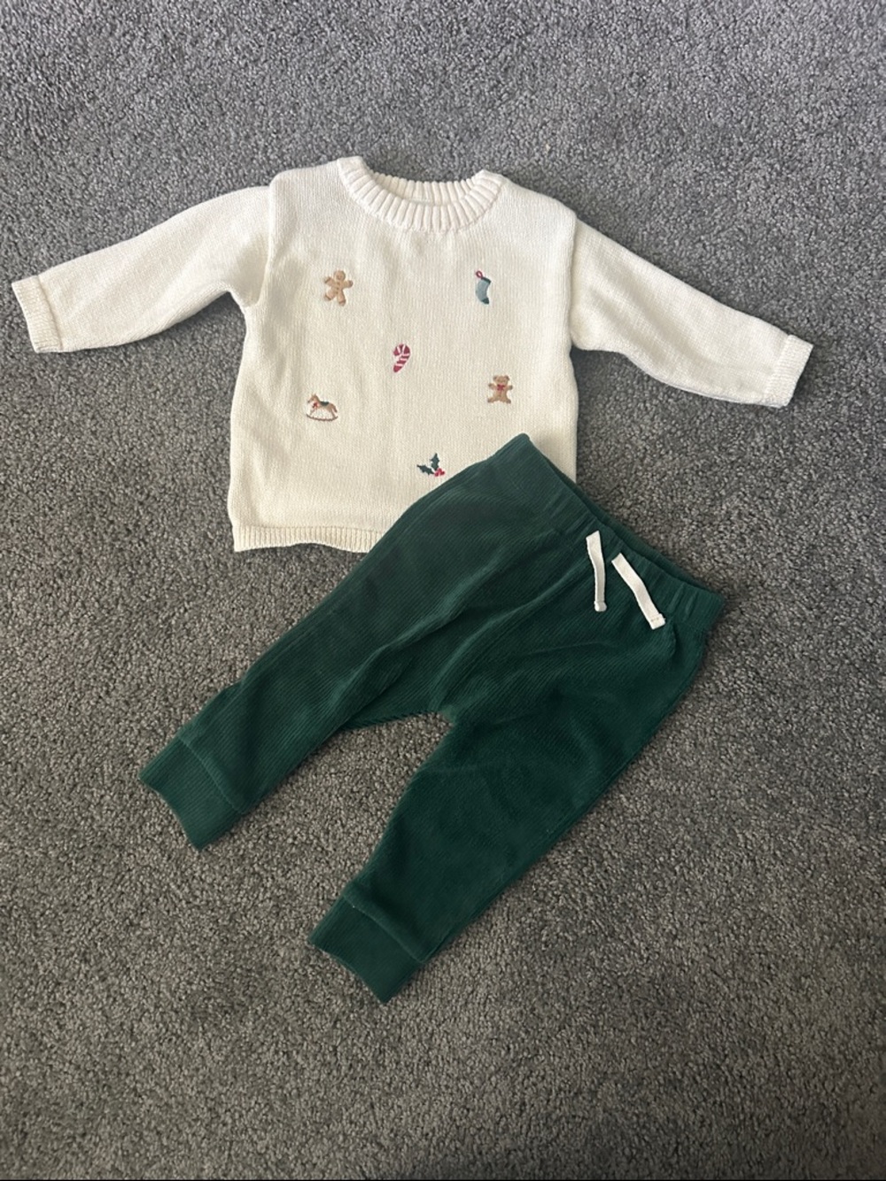 Carter's Cream Sweater with Green Corduroy Pants Kids Matching Set